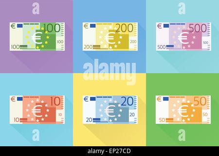 Euro Banknote Set flache Bauweise mit Schatten Vektor Stock Vektor