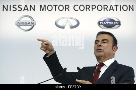 Yokohama, Japan. 13. Mai 2015. Nissan Motors Chairman und CEO Carlos Ghosn spricht während einer Pressekonferenz verkünden ihre Finanzergebnisse für den zwölf Monaten bis 31. März 2015 in Yokohama, in der Nähe von Tokio, Japan, 13. Mai 2015. Nissan sagte, das operative Ergebnis stieg auf 589,6 Milliarden Yen für das Geschäftsjahr 2014, was einer Marge von 5,2 % auf Erträge, die 11,38 Billionen Yen (ca. 94,98 Milliarden US-Dollar) erreicht für den Zeitraum. © Stringer/Xinhua/Alamy Live-Nachrichten Stockfoto