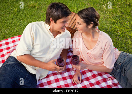 Zwei Freunde sahen einander Gläser Wein bei einem Picknick mit gedrückter Stockfoto
