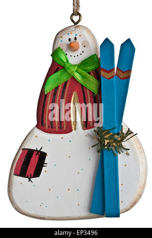Schneemann mit Ski-Christbaumkugel Stockfoto
