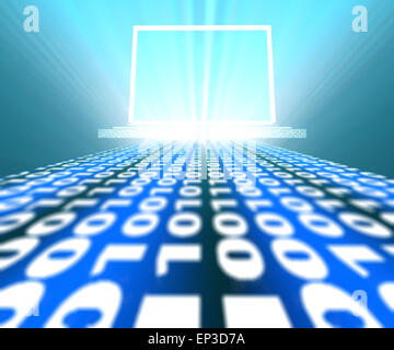 Binär-Code Weg zum Laptop auf blauem Hintergrund Stockfoto