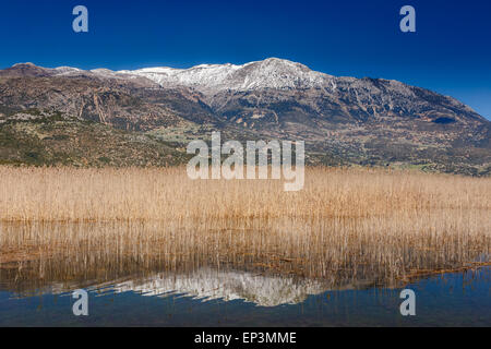 Stymfalia See im Corinthia Präfektur, Griechenland mit den schneebedeckten Bergen als Hintergrund reflektiert in den Gewässern des Sees Stockfoto