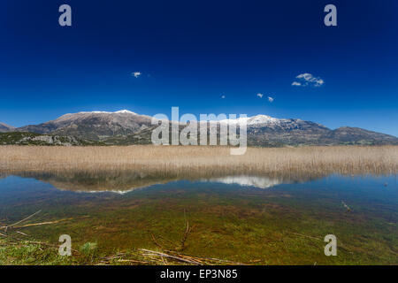 Stymfalia See im Corinthia Präfektur, Griechenland mit den schneebedeckten Bergen als Hintergrund reflektiert in den Gewässern des Sees Stockfoto