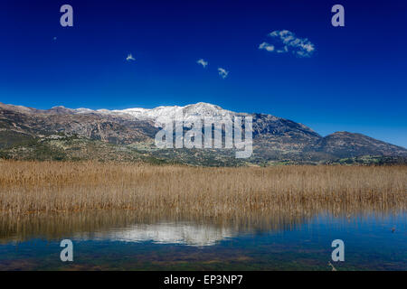 Stymfalia See im Corinthia Präfektur, Griechenland mit den schneebedeckten Bergen als Hintergrund reflektiert in den Gewässern des Sees Stockfoto