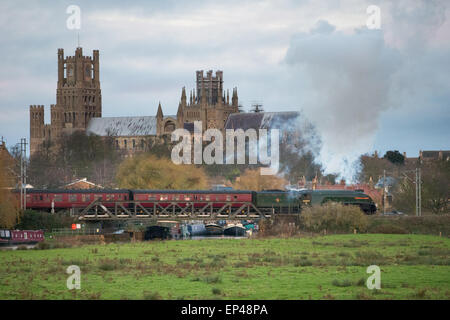 Die LNER A4 Klasse Nr. 60009 "Union of South Africa" Dampfbahn vorbei Ely Cathedral, Cambs, Stockfoto