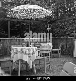 Ein Eichhörnchen Sitzt Auf Einem Tisch in Einem Gartenrestaurant Berlin, Deutschland, 1950er Jahre. Ein Eichhörnchen auf einem Tisch Stockfoto