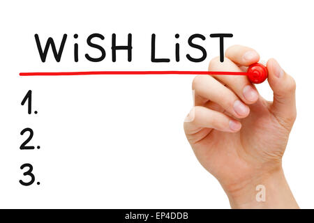 Hand unterstreicht Wunschliste mit roten Markierung isoliert auf weiss. Stockfoto