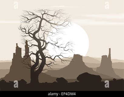 Leblose Landschaft mit alten riesigen Baum und Berge über Sonnenuntergang. Vektor-Illustration. Stock Vektor