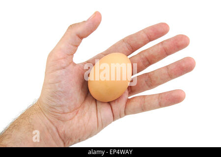 Gut geformte Hand des Mannes mit einem Ei isoliert auf weißem Hintergrund Stockfoto