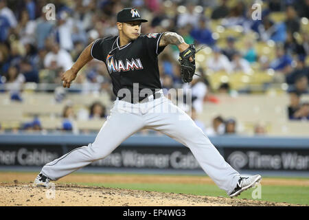 Los Angeles, CA, USA. 13. Mai 2015. Miami Marlins Relief Pitcher a.j. Ramos #44 wird für die Marlins speichern während des Spiels zwischen den Miami Marlins und die Los Angeles Dodgers, Dodger Stadium in Los Angeles, CA. Fotograf: Peter Joneleit Credit: Csm/Alamy Live-Nachrichten Stockfoto