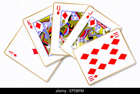 Die Spielkarte, einen Royal Flush über einen weißen Hintergrund Stockfoto