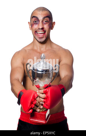 Schlecht geschlagene Boxer isoliert auf weiss Stockfoto