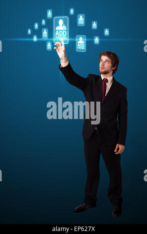 Geschäftsmann, moderne soziale Art der Symbole drücken Stockfoto