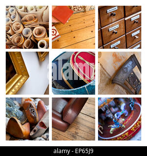 Nahaufnahme von Material und alte Gegenstände auf einer collage Stockfoto