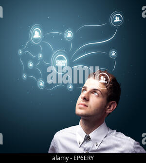 Geschäftsmann, moderne soziale Art der Symbole drücken Stockfoto