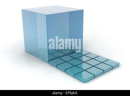 3D blue Glaswürfel auf weißem Hintergrund.