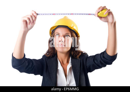 Frau Baumeister mit Maßband Stockfoto