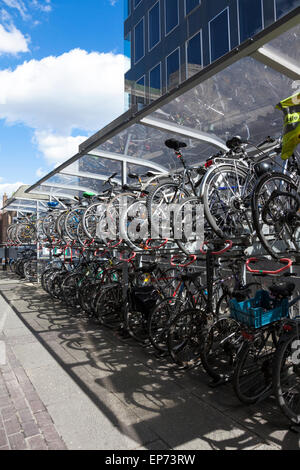 Zwei Ebene Fahrrad-Parken an der Euston Station, London, England Stockfoto