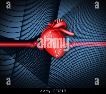 Rot-EKG Linie auf schwarzem Hintergrund mit Herz-illustration Stockfoto