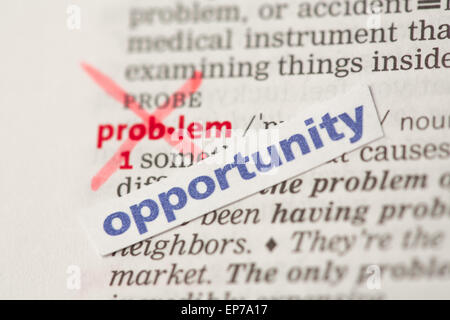Problem Definition Wort durchgestrichen und durch die Möglichkeit ersetzt Stockfoto