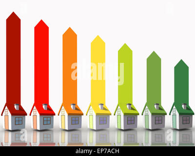 Sieben 3d Häuser für Energieeffizienz Stockfoto