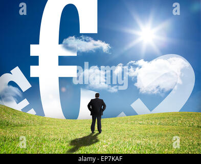 Geschäftsmann, Blick auf Euro-Zeichen am Horizont Stockfoto