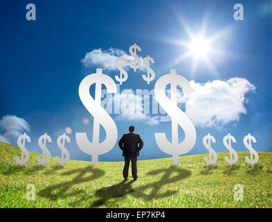 Geschäftsmann, stehen in einem Feld mit Dollar-Zeichen Stockfoto