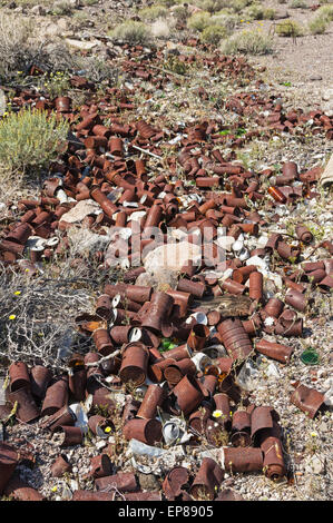 alte rostige Dosen in einem verlassenen Müllkippe in der Wüste übersät Stockfoto