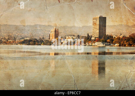 Oakland Retro-Foto, Lake Merritt Landschaft, Blick auf die Stadt, Hafen und die Skyline Blick Oakland Kalifornien Lake Merritt Stockfoto