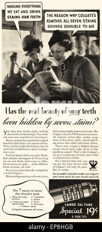 Vintage Anzeige in 1930er Jahren amerikanische Zeitschrift datiert November 1933 für COLGATE RIBBON DENTAL CREAM Stockfoto