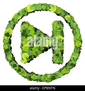 Mediensteuerung Schritt rückwärts / vorwärts-Symbol, hergestellt aus grünen Blättern, die isoliert auf weißem Hintergrund. 3D Render. Stockfoto