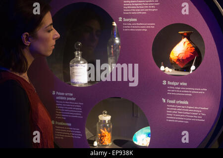 London, UK. 14. Mai 2015. Assistentin Ausstellung befasst sich mit einer Vitrine. Die Ausstellung "The Power von Poison", Poison Rolle in der Natur, Gesundheit, Geschichte, Literatur und Mythos von einer Ausstellung, die durch das American Museum of Natural History Versandkäfigen angepasst zu erforschen öffnet um die alte Truman Brauerei/Brick Lane am 16. Mai und läuft bis 6. September 2015. Stockfoto