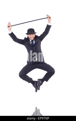 Mann tanzen mit Gehstock auf weiß Stockfoto