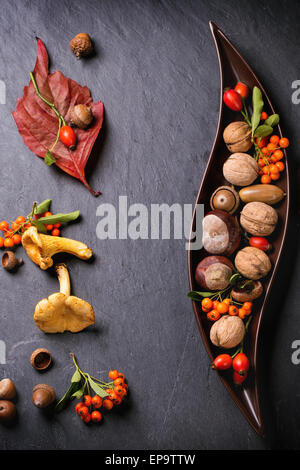 Dekorative Keramik-Platte mit Nüssen, Beeren und Pilze auf schwarzem Hintergrund. Ansicht von oben. Serien ansehen Stockfoto