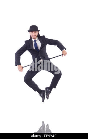 Mann tanzen mit Gehstock auf weiß Stockfoto