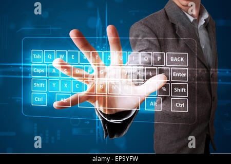 Geschäftsmann, virtuelle Art der Tastatur drücken Stockfoto