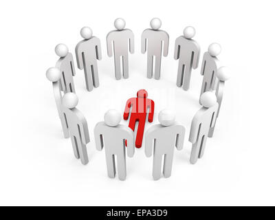 Zwölf abstraktere weiße 3d Menschen stehen im Ring mit einem roten liegenden Person innen auf weiß isoliert Stockfoto