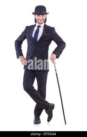 Mann tanzen mit Gehstock auf weiß Stockfoto