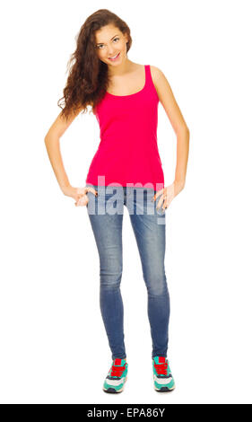 Junges Mädchen im roten Hemd und blaue Jeans isoliert Stockfoto