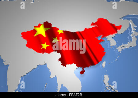 Land von China auf 3D Karte entworfen, mit Landesflagge Illustration Stockfoto