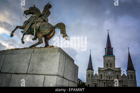 Statue von Andrew Jackson auf Pferd in Jackson Square, French Quarter, New Orleans, LA Stockfoto