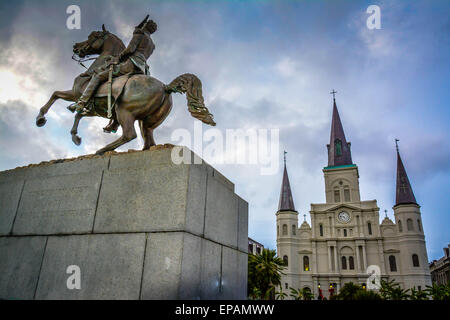 Statue von Andrew Jackson auf Pferd in Jackson Square, French Quarter, New Orleans, LA Stockfoto