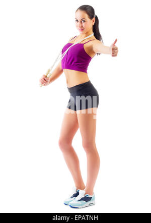 Sportliches Girl mit Springseil isoliert Stockfoto