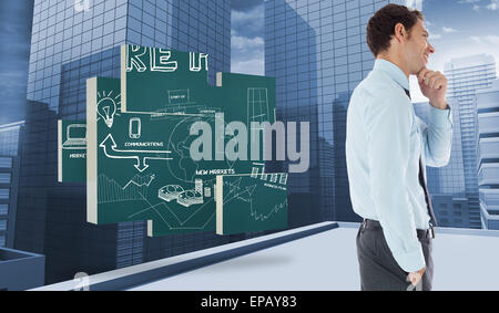 Zusammengesetztes Bild des nachdenklichen Geschäftsmann mit Hand am Kinn Stockfoto