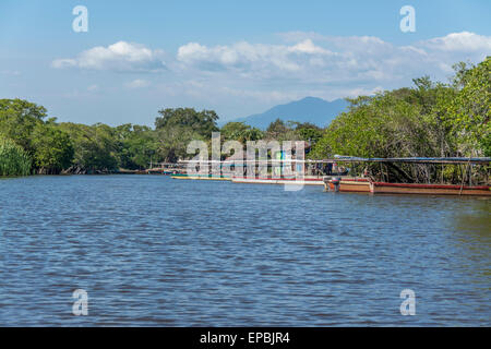 Dock-Bereich in La Avellanav Guatemala für Boote und Fähre über den Kanal Chiquimulilla durch Mangrovensumpf, Monterrico Stockfoto