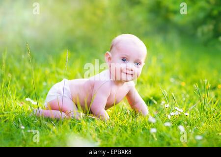 Niedlich, lustig Lachen Babyjungen tragen eine Windel zu kriechen, lernen mit Spaß spielen auf dem Rasen, Blumen im Garten beobachten Stockfoto