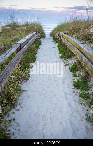 Weißen Sand Eingabepfad zu Floridas Jacksonville Beach an einem ruhigen Morgen kurz vor Sonnenaufgang. Stockfoto