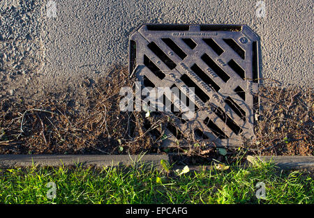 Asphaltierte Straße mit alten Schmutz hinterlässt auf Metallgitter Abfluss Abdeckung am Bordstein mit grünen Rasen Stockfoto