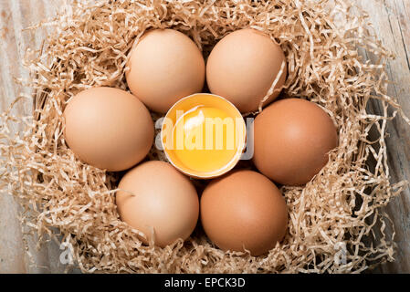 Gruppe von Eiern mit einem eröffnete mit Eigelb in Stroh Korb auf Holztisch Stockfoto