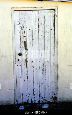 Eine alte Holzschuppen Tür mit flockige weiße Farbe. Stockfoto